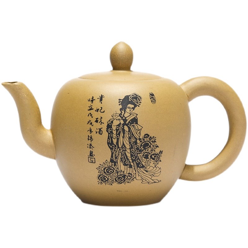 宜兴原矿美人肩紫砂壶手工壶段泥 紫泥 清水泥刻四大美女 泡茶壶