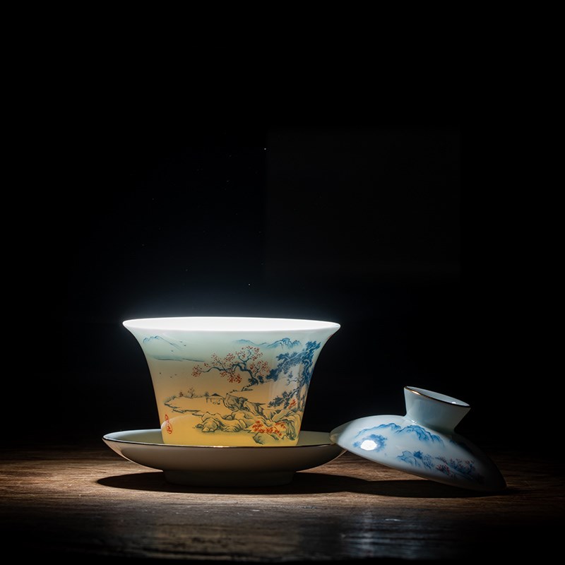 青瓷侧把壶功夫茶具套装家用客厅陶瓷山水盖碗茶杯简约办公室泡茶