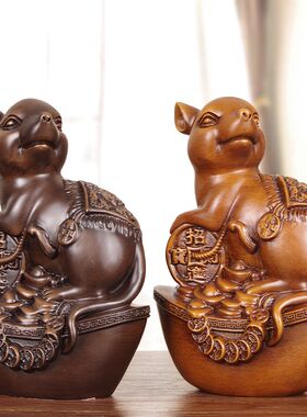实木招财生肖鼠摆件客厅玄关电视酒柜福鼠装饰办公室鼠年生日礼物
