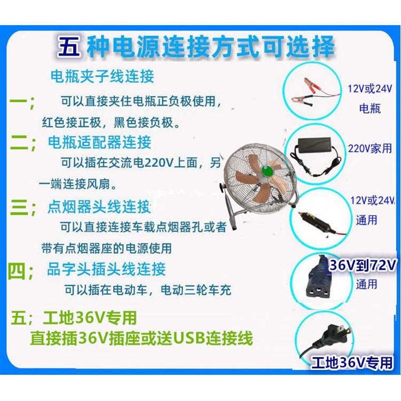 12V车用直流电动落地扇 多电压可升降趴地扇 支援24V/48V/60V/72V