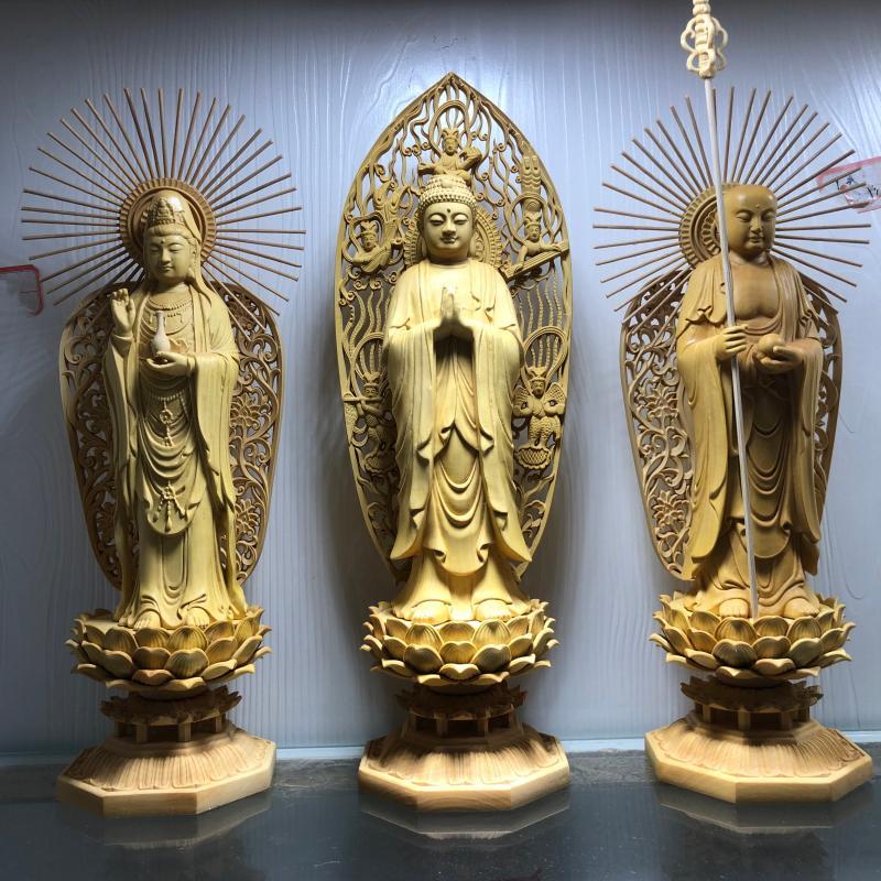 黄杨木雕婆娑世界婆娑三圣释迦摩尼大愿地藏王观世音菩萨供奉佛像