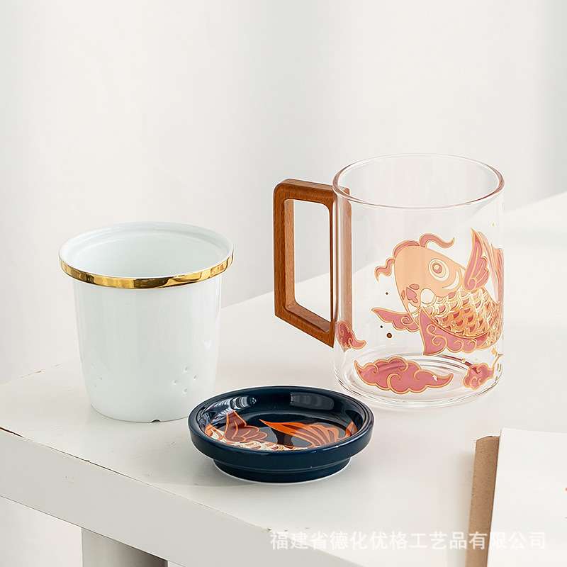 马克杯过滤玻璃杯子陶瓷故宫红锦鲤办公室家用茶水分离泡茶杯茶器