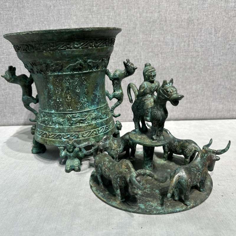 仿古青铜器五牛一鼓贮贝器做旧储备器收藏品摆件博古架博物馆送礼