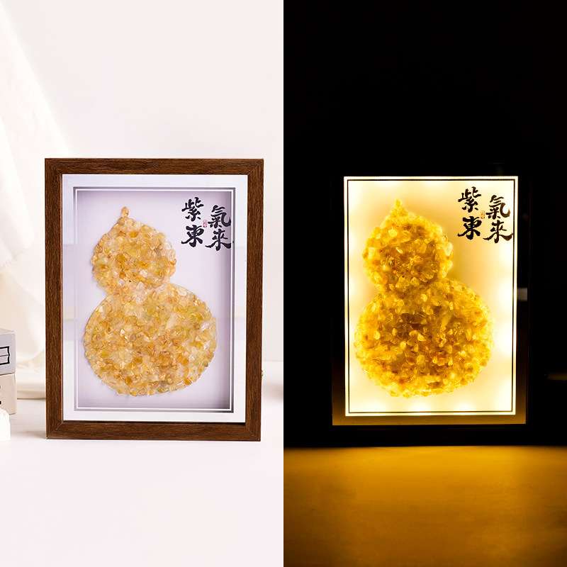 水晶碎石葫芦相框小夜灯天然水晶福袋财神爷招财新年摆件挂件