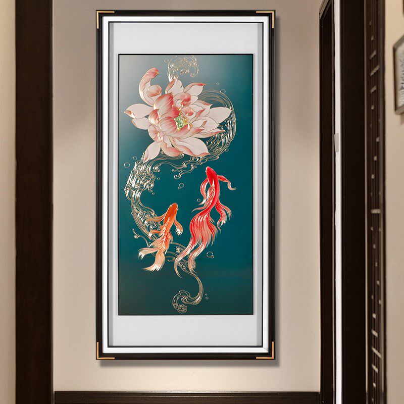 入户玄关新中式荷花九鱼图竖版挂画手工雕刻鲤鱼铜版画竖版装饰画