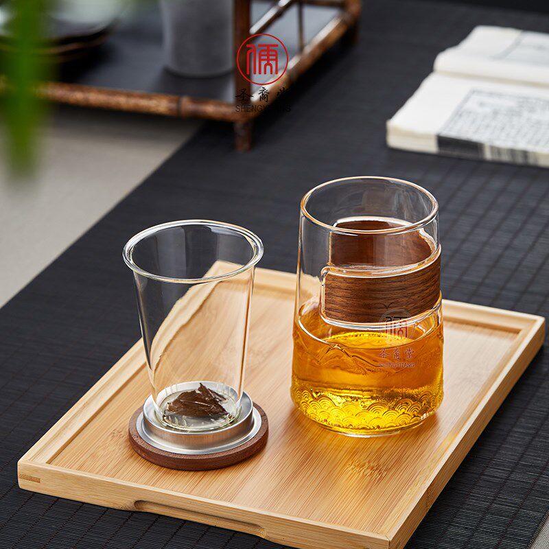 圣裔堂耐高温玻璃泡茶杯茶水分离加厚大号木盖红绿茶杯子男女家用