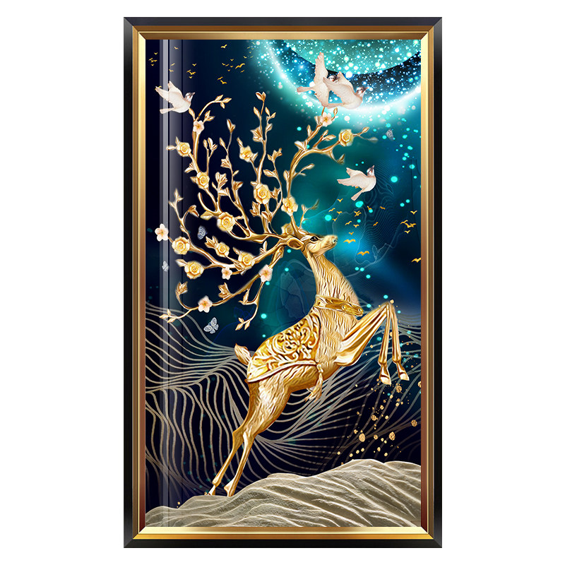 富贵麋鹿美式玄关竖版装饰画进门入户走廊墙壁挂画酒店过道墙壁画