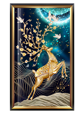 富贵麋鹿美式玄关竖版装饰画进门入户走廊墙壁挂画酒店过道墙壁画