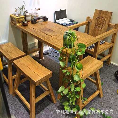 老榆木茶桌复古原木风化老门板餐桌家用书桌长桌椅束腰中式马蹄桌