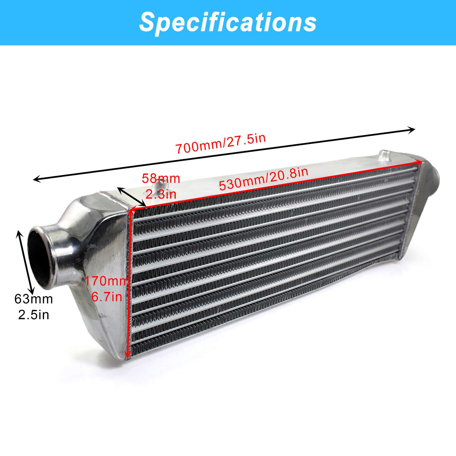 汽车改装中冷器通用530x170x58mm进气涡轮增压散热器铝制管式