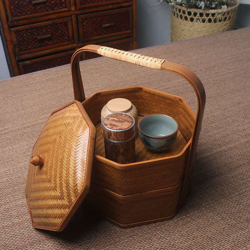 七月七大漆竹编茶具收纳提篮茶道提篮竹制品工艺品提篮八角竹篮子