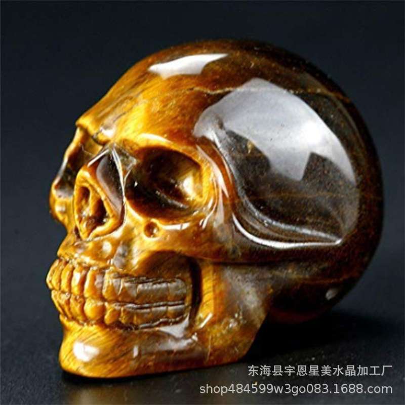天然虎眼水晶雕刻头骨 原石打磨 家居办公软装创意摆件装饰