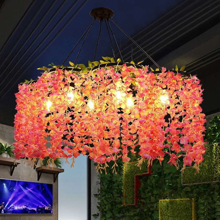 里胡桃音乐餐吧植物吊灯铁艺复古工业风车轮组合绿植吊灯一件代发
