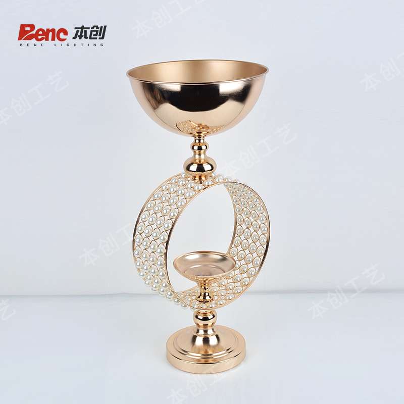 亚马逊跨境欧式金色铁艺花盆圆环珍珠花器金属花瓶婚礼桌花摆件