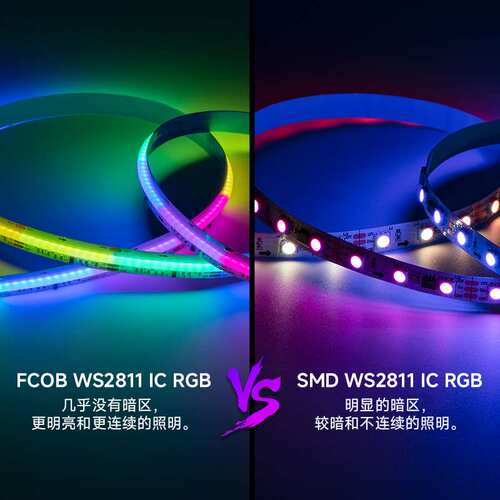 24V柔性FCOB幻彩LED灯条WS2811RGB全彩864灯编程流水匀光12V灯带