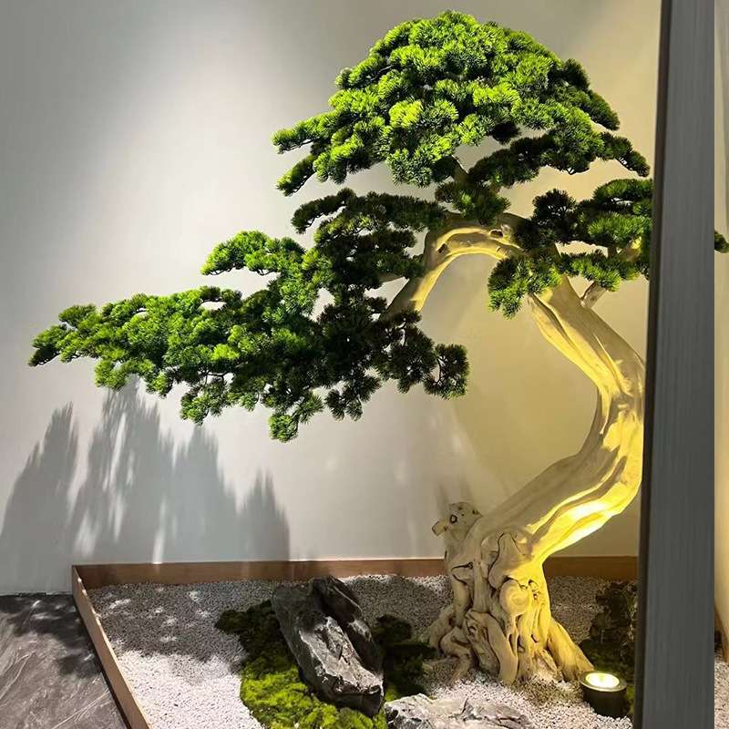 迎客松仿真树大型假树室内玄关装饰新中式橱窗松树楼梯下造景绿植