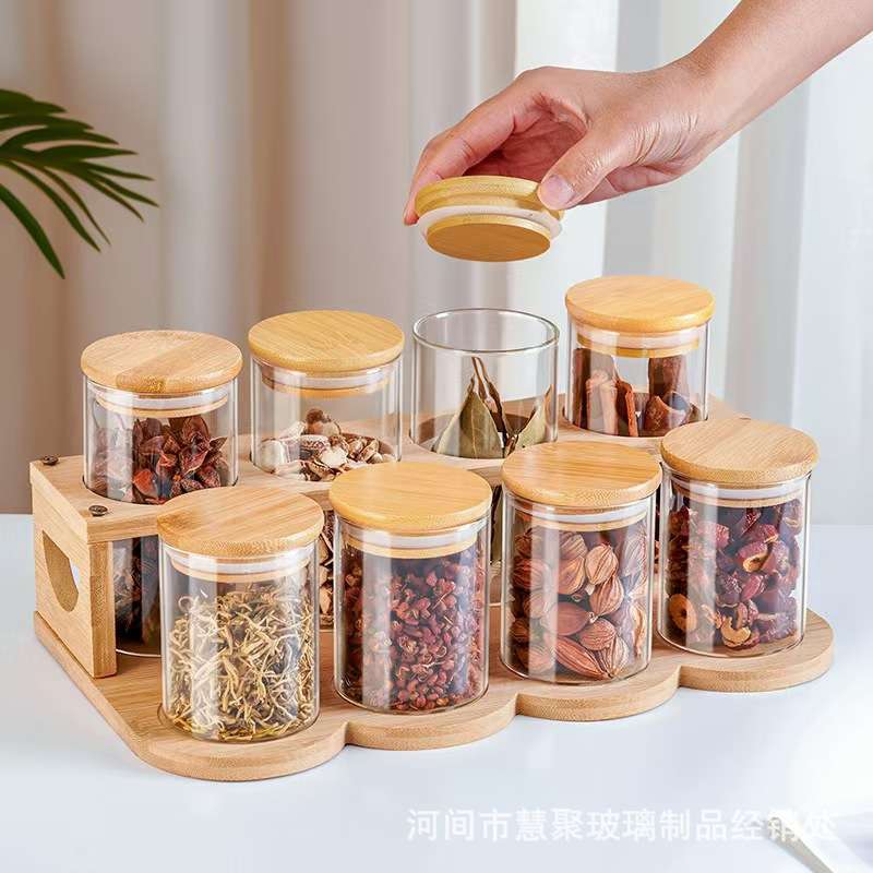 玻璃密封罐咖啡豆储存罐日式调料瓶厨房储物罐套组带木勺收纳架