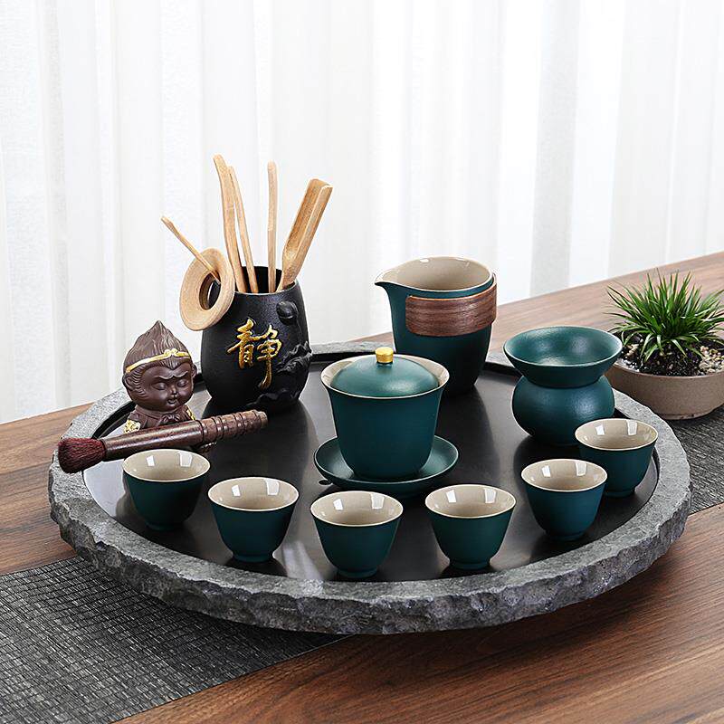 家用石头小茶台日式复古圆形乌金石茶盘简约小型干泡茶盘两三人用