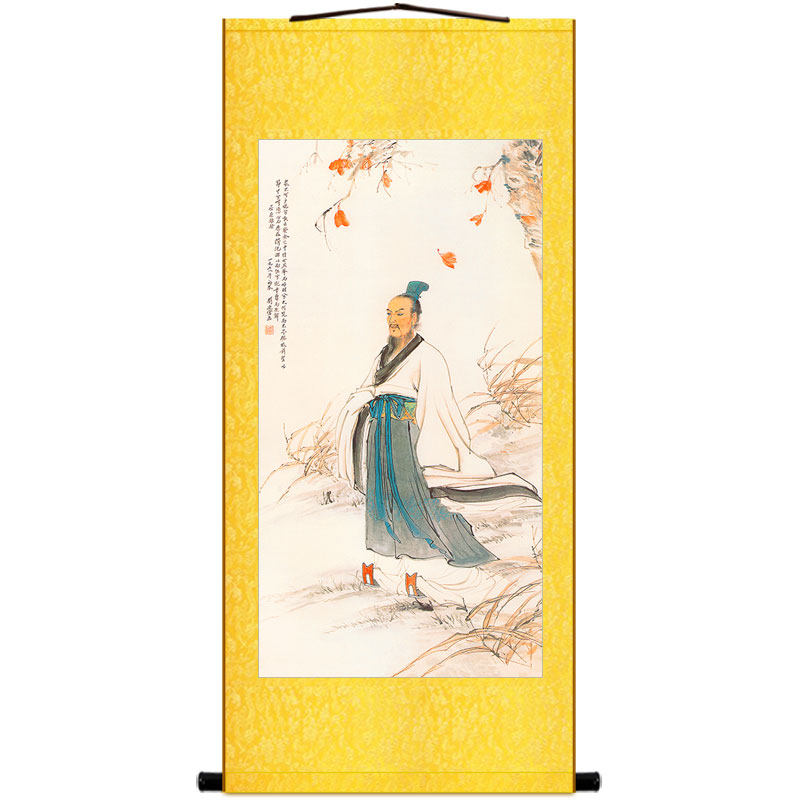 屈原天问图人物画 离骚行吟图卷轴挂画 复古绢布装饰画丝绸画定制