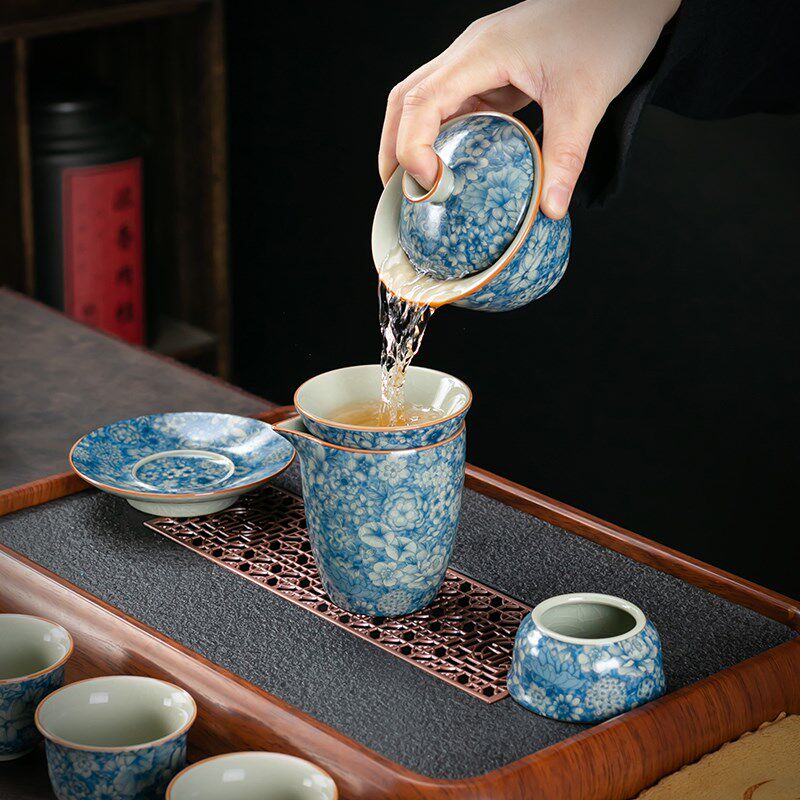 老陶泥仿古青花功夫茶具套装家用高端泡茶器陶瓷三才盖碗茶杯礼盒