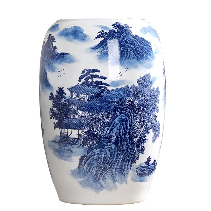 景德镇陶瓷器青花瓷书画缸卷轴缸插花山水字画缸收纳装云山秀峰