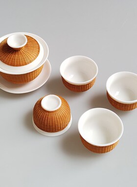 竹丝扣瓷茶具盖碗套装非遗特色瓷胎竹编茶具商务送礼送外国友人
