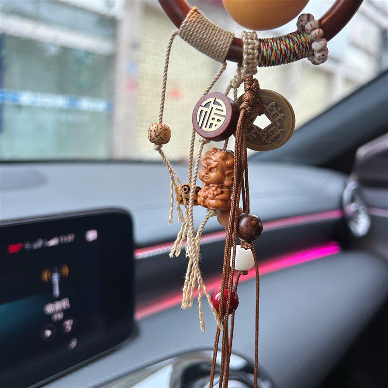 以谦堂新款花梨木圈黄财神天然葫芦汽车挂件短款男女包挂手工编织