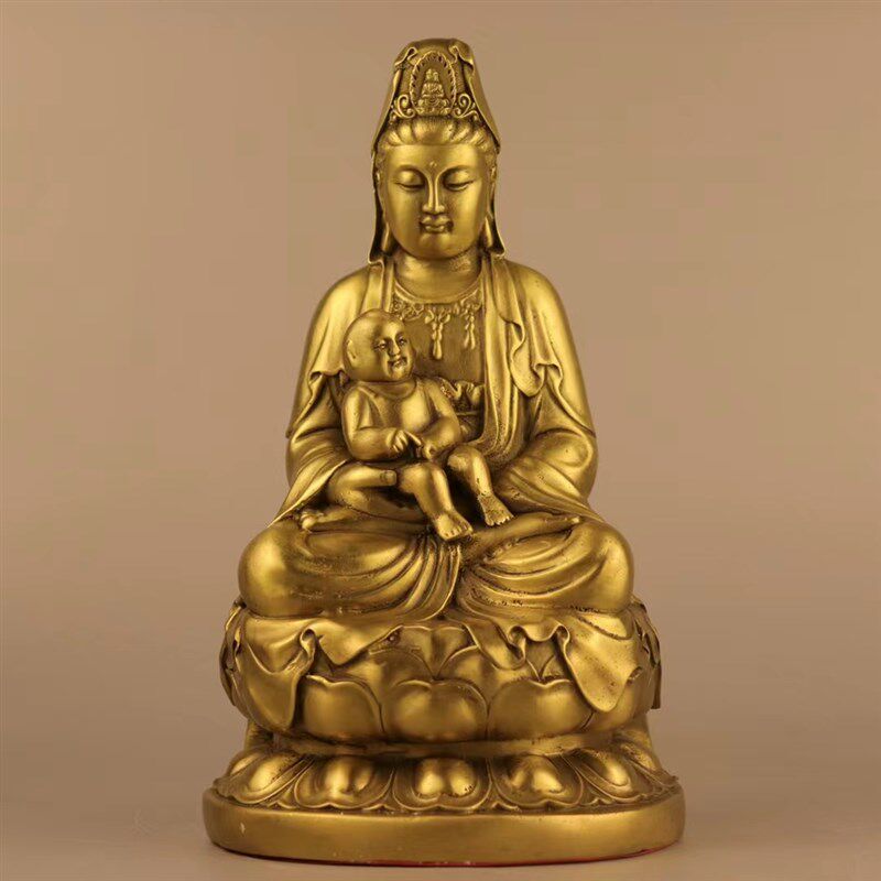 纯铜送子观音菩萨家用供奉求子坐莲五子观世音佛像保平安铜像摆件
