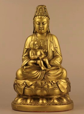 纯铜送子观音菩萨家用供奉求子坐莲五子观世音佛像保平安铜像摆件