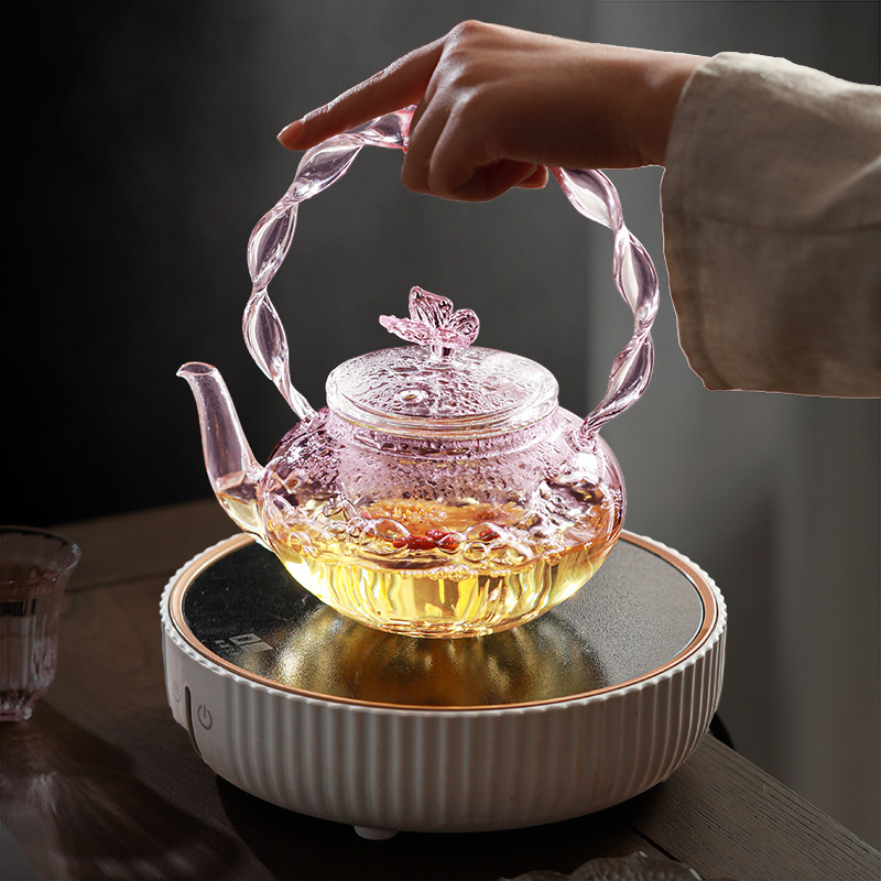 粉色女士花茶壶玻璃水果茶泡茶壶透明耐高温煮茶壶蝴蝶提梁壶单壶