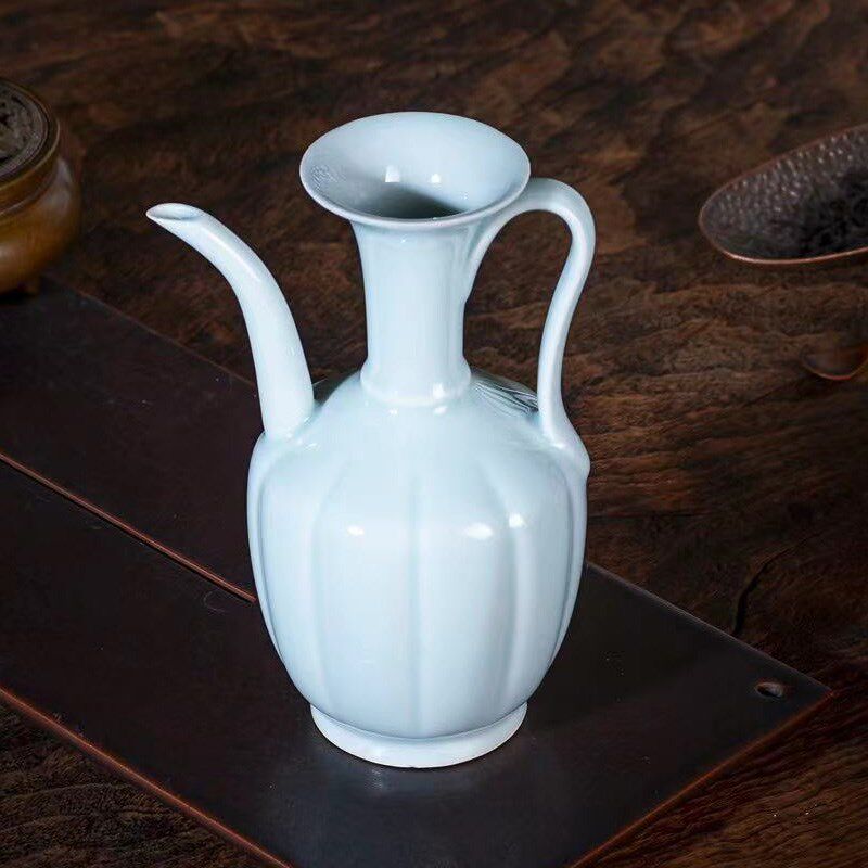 仿宋代斗茶点茶手执壶景德镇仿古瓷湖田窑青白釉茶百戏瓜棱壶汤瓶