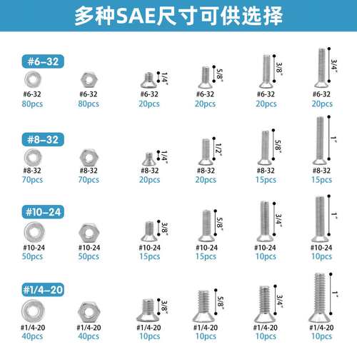 跨境720pcs 304不锈钢美制十字沉头螺母平垫盒装套件