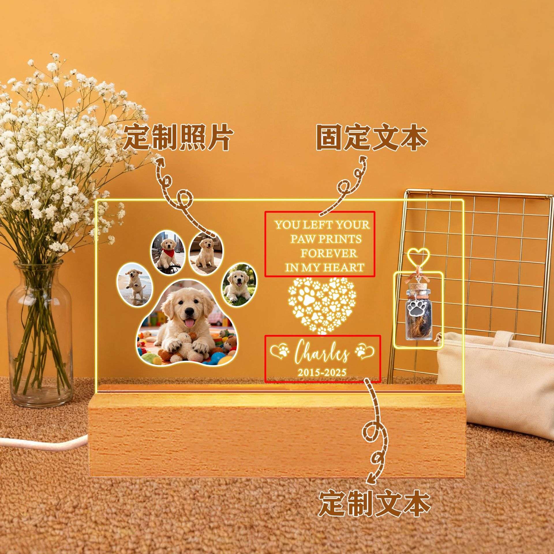 Etsy跨境个性化狗爪宠物肖像照片夜灯temu储存毛发玻璃瓶纪念装饰
