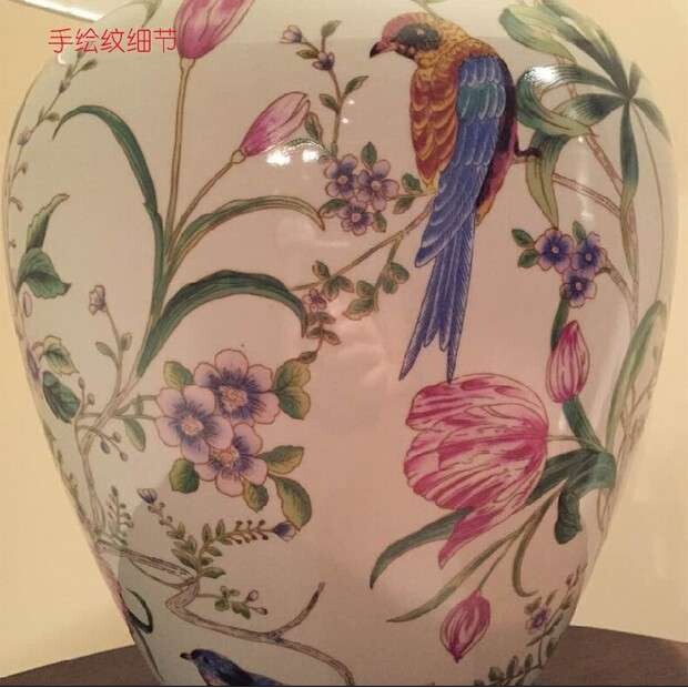古镇宝辉明珠Coral 花鸟陶瓷台灯手绘陶瓷台灯裂纹釉客厅灯