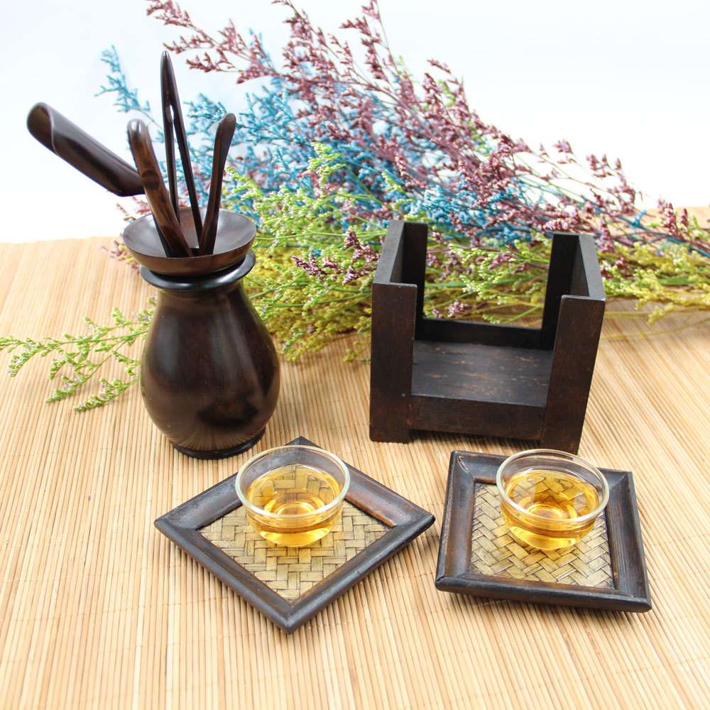 泰式带木架 方形木制咖啡杯垫餐垫隔热垫 编织木质茶杯垫