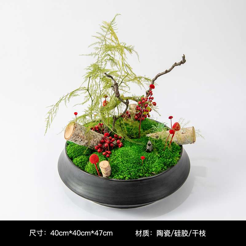 左顾  新中式仿真绿植文竹盆景高端摆花茶室茶台茶桌摆件花艺装饰