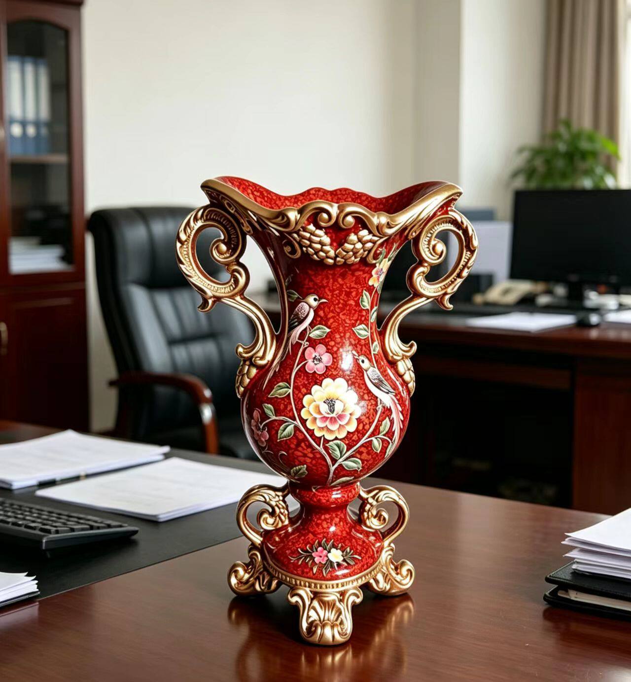 欧式暗红描金双耳花瓶30cm复古花鸟树脂摆件客厅办公室插花装饰