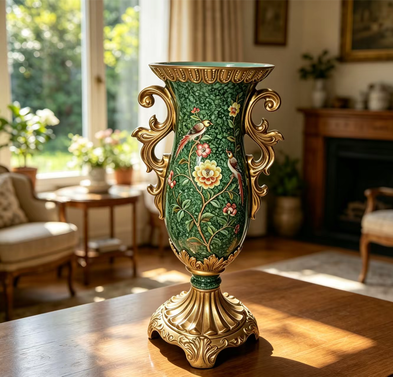 复古墨绿描金花鸟双耳树脂花瓶欧式工艺客厅玄关餐桌插花装饰摆件