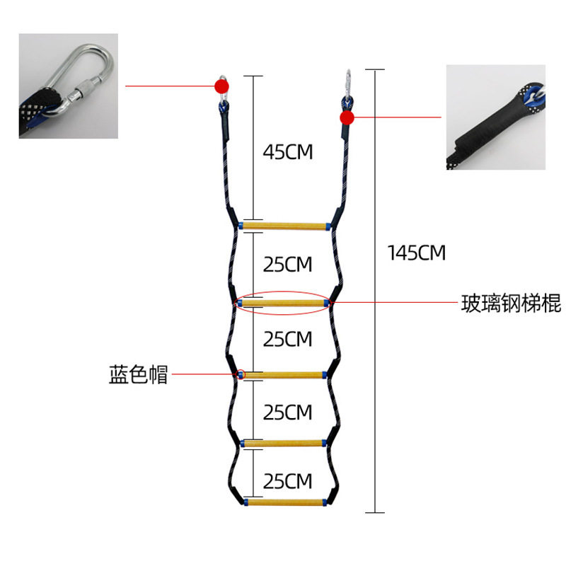游艇爬梯船用救生梯皮划艇软梯四节五节防丢梯子登山扣玻璃钢绳梯