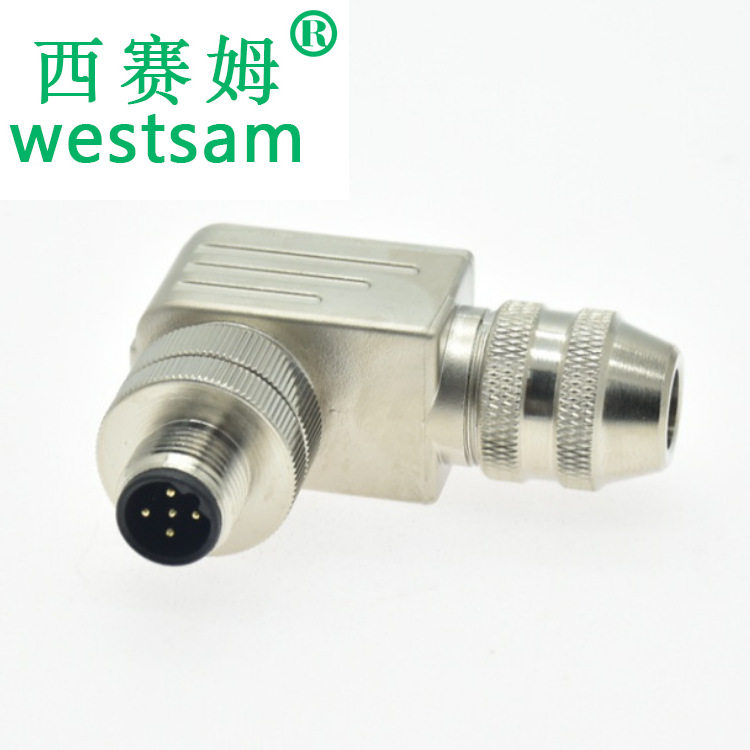 5芯航空插头M12-5P公弯头B编码全金属接头防水连接器