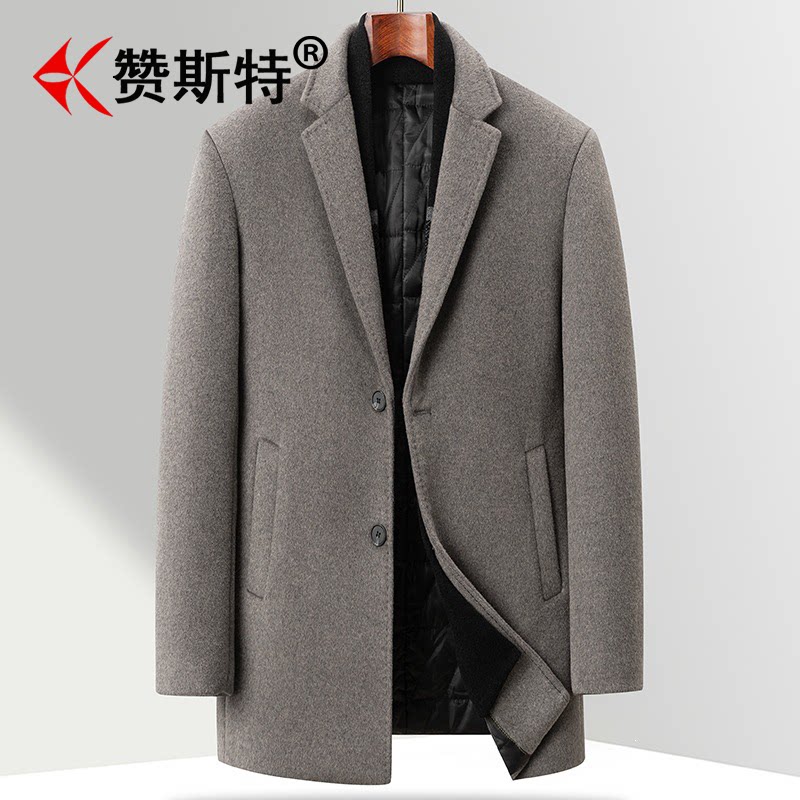 赞斯特品牌风衣男秋冬新款毛呢大衣商务休闲围巾脱卸加棉呢子外套