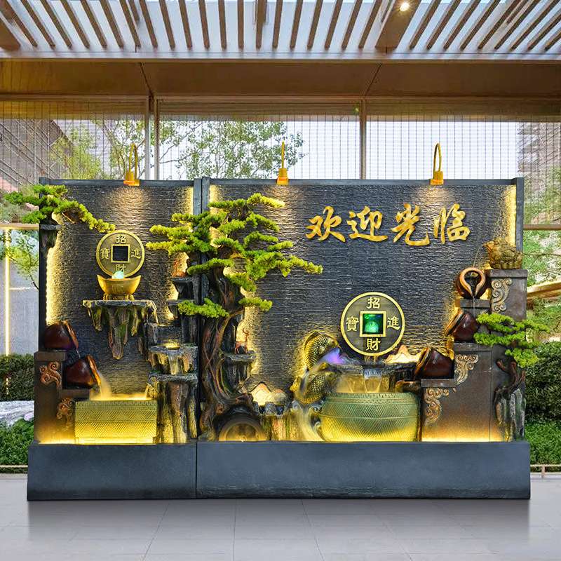 客厅新中式庭院水景水幕墙假山流水喷泉装饰景观造景流水墙摆件