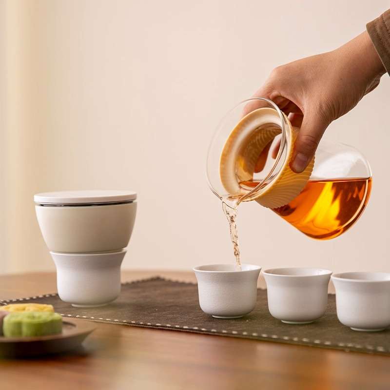日式可伸缩便携式半自动玻璃茶具家用轻奢懒人泡茶壶茶杯按压出水