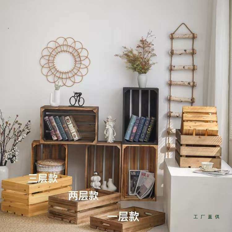复古木箱木框箱木条箱收纳筐超市陈列展示做旧大号装饰木箱子定