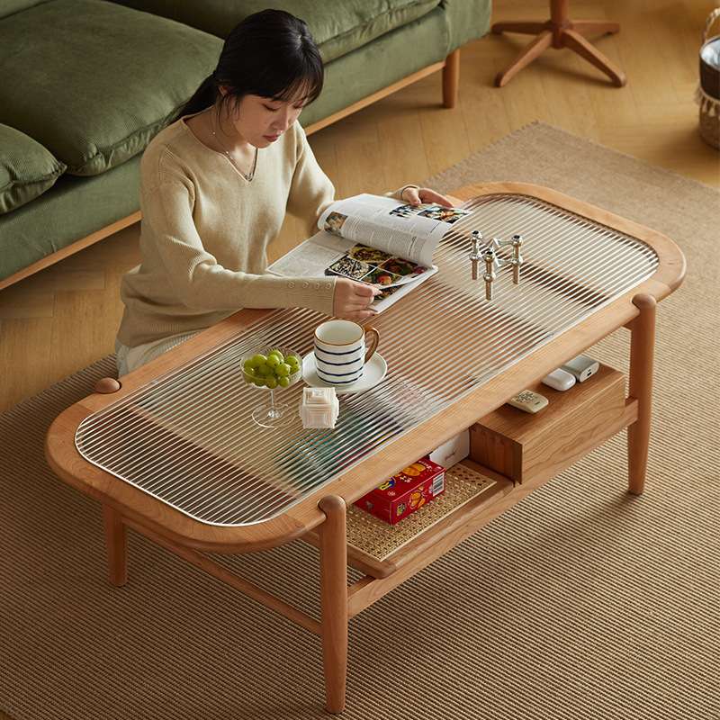 北欧实木茶几小户型家用日式樱桃木茶桌藤编玻璃长方形客厅家具