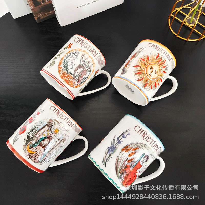跨境迪家复古骨瓷马克杯早餐麦片杯家用创意太阳系列茶杯咖啡杯