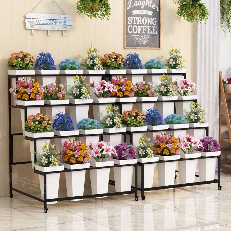 带轮子铁艺花店货架花架多层塑料醒花养花桶可移动鲜花展示架