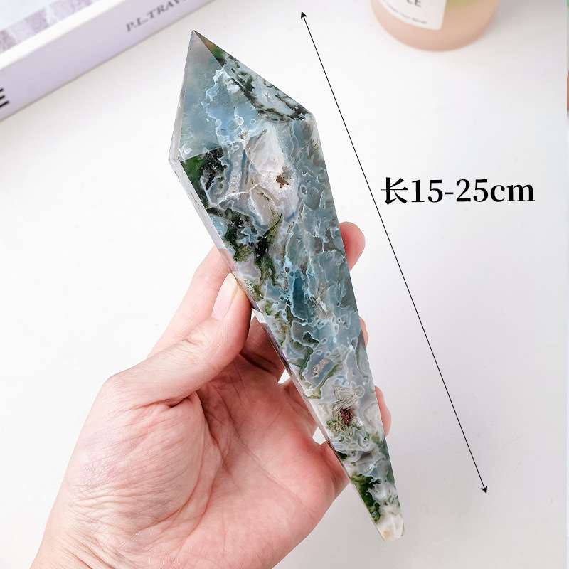 天然水晶水草玛瑙灵摆柱原石打磨锥形六棱单尖柱能量石柱水晶权杖