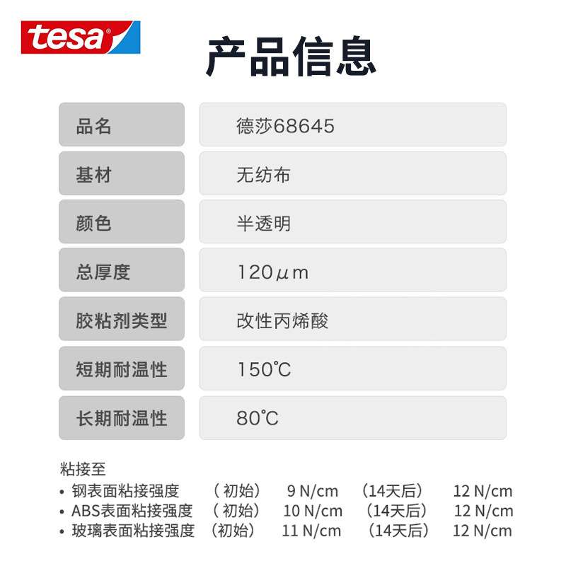 德莎tesa68645棉纸双面胶半透明胶带汽车座椅配件电子粘接高温胶