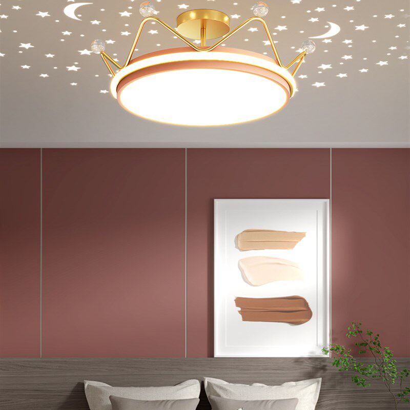 卧室灯主卧皇冠吸顶灯公主房间灯北欧简约温馨浪漫轻奢星空投影灯